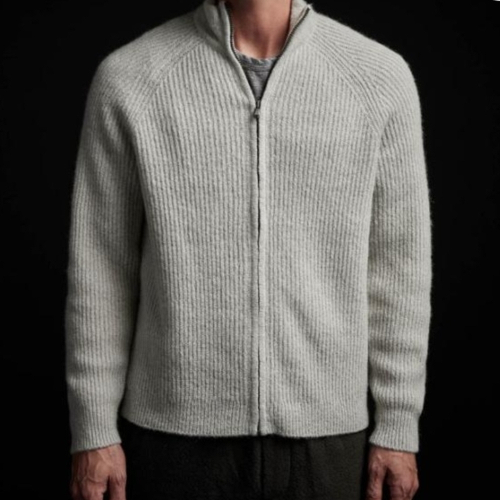 James Perse Light Gray Zip Up Sweater with Ribbed Knit Texture